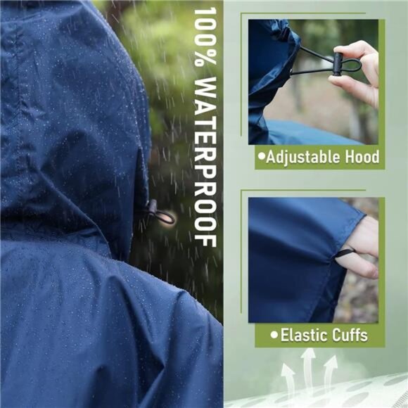 Rain Poncho Jacket Coat Hooded for Adults with Pockets - Picture 3 of 7
